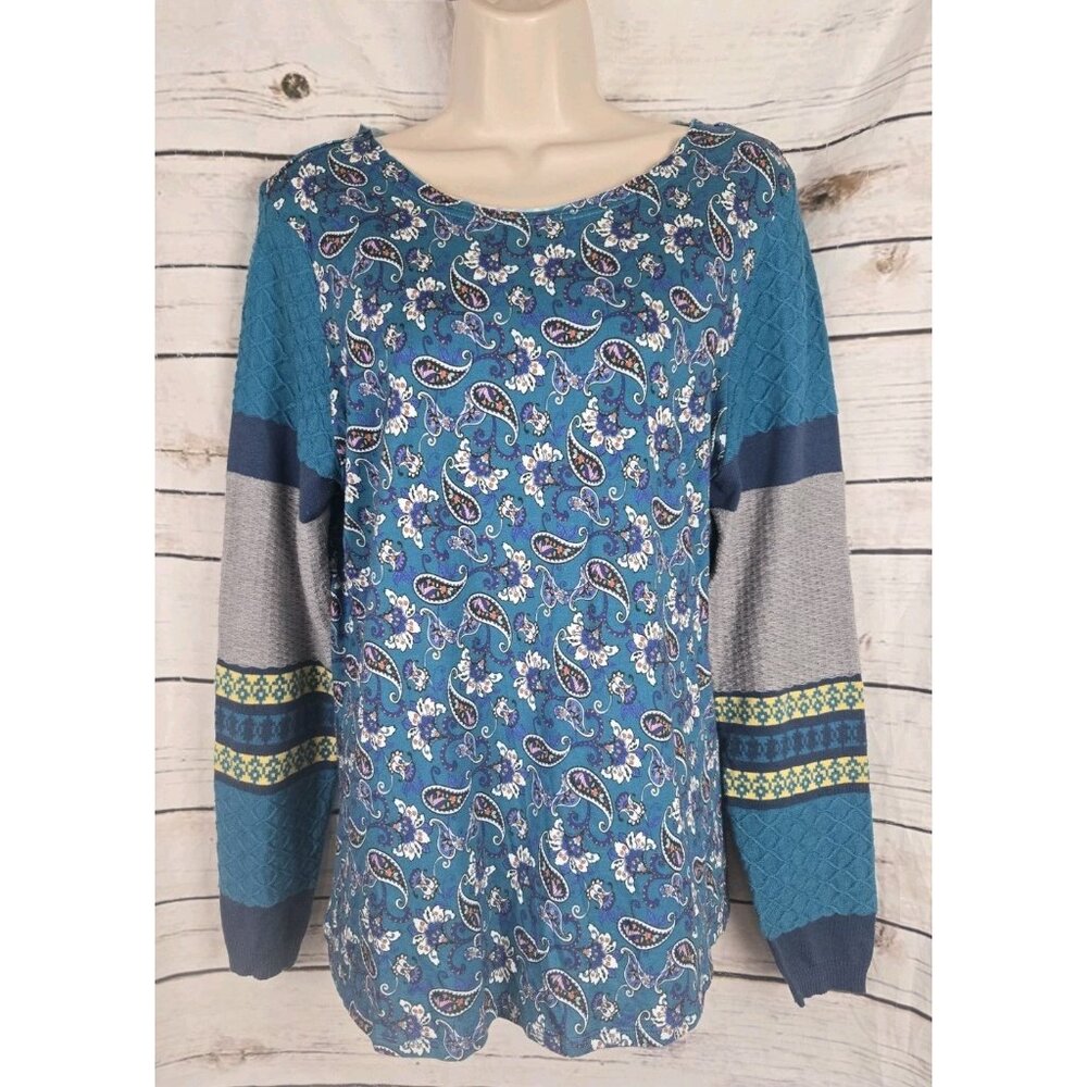 Sundance Blue Paisley Top Fair Isle Sweater Sleeves M Cotton Blend Womens
